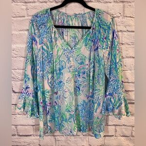 Lilly Pulitzer Willa Flounce Sleeve Blouse Amethyst Tint Craysea Print Size S